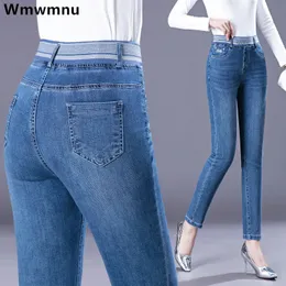 Matka Ołówek Jean Casual Elastic High talia chude dżinsowe spodnie duże rozmiary 36 retro odcinek vaqueros koreańskie eleganckie dżinsy 240403