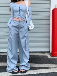 Kvinnors byxor benuynffy streetwear överdimensionerade last kvinnor y2k vintage multi-pocket hög midja lösa breda benbyxor flickor 2024 våren