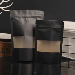 Black Kraft Paper Stand Up Zip Lock Bags With Window Resealable Biscuits Coffee Bean Snacks Craft Paper Packaging Pouches 240322
