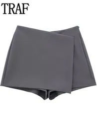 Traf Grey Squult Shorts Wysoka talia Owinka Krótkie spódnice Kobiety Y2K Streetwear Asymetryczne skorta