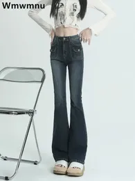 Уличная одежда высокая талия женские джинсы Spring Fall Corean Design Retro Bellbottoms Vaqueros Skinny Entche Denim Pant 240403