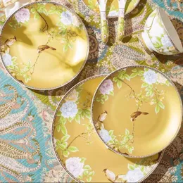 Bowls Tableware Ceramic Underglaze Round Gold Trim Bone China Bowl Dish Suit Home Retro Chinese Light Luxury Leather Case Gift Set