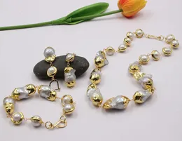 GG Freshwater Cultured Gray Keshi Pearl White Round Gold Plated Edge Necklace Bracelet Earrings Sets 240401