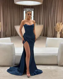 Blue Sexy Navy Mermaid Prom Dresses For Women Strapless High Side Split Draped Formal Wear Evening Party Birthday Pageant Celebrity Special Ocn Gowns mal