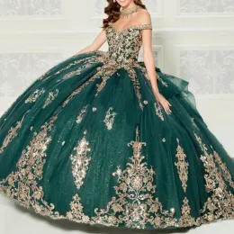 에메랄드 . Green Quinceanera 드레스 오프 어깨 볼 가운 코르셋 생일 파티 드레스 골드 아플리케 구슬 vestidos de 15 0403