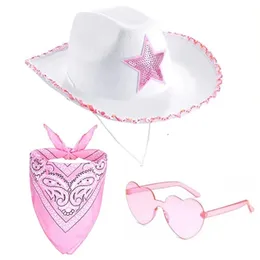 Platta mössor Brimmed Hat Western Sequin Cowgirl Magician Adult Girl Cosplay Costume Kerchief Night Club Headwear 240326