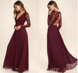 Vestidos de dama de honra de renda Borgonha corpete da saia de chiffon Mangas longas Aline Junior Damas de dama de honra barato ba68952716326