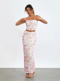 Sukienki robocze 2 -częściowe zestawy spódnicy bez rękawów Bandeau Tubs z Ruche długie spódnice Floral Retro Bohemian Streetwear