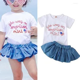 Clothing Sets Independence Day Infant Girls Clothes Suits Letter Star Stripe Print Crew Neck Romper Skirts With Lined Shorts 2Pcs