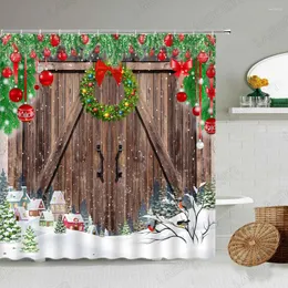 Cortinas de chuveiro Christmas Creative Vintage Farm Barn Porta de madeira Xmas Wreath Wreath Winter Year Banheiro Decor Banheiro Conjuntos de cortinas