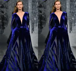 Dresses Ziad Nakad Long Sleeve Prom Dress Modest Sexy Deep V Neck Middle East Dubai Arabic Royal Blue Velvet Plus Size Evening Gowns