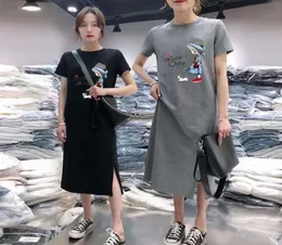 Oneimirry 새로운 짧은 슬리브 한국 여성 드레스 캐주얼 그래픽 프린트 Tshirt 드레스 소녀 검은 O 목 날씬한 멍청이 Verano 20207818348