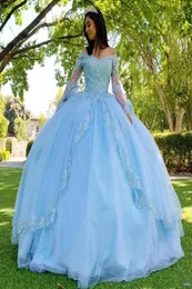 Açık gök mavisi uzun kollu dantel artı boyutu quinceanera elbise balo elbisesi aplike payetli boncuklar tatlı 16 elbise vestidos de debuta7739080