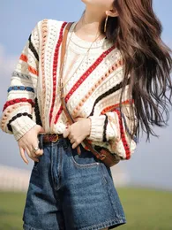Pullover Hollow Out suéter de malha solto Oneck Tops listrados coreanos