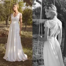 Elbiseler Rembo Styling 2019 Plaj Şifon Gelinlikleri V Boyun Kısa Kollu Dantel Aplike Gelin Gowns Vintage Hollow Arka Gelinlik