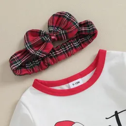 Set di abbigliamento bambine outfit natalizio lettere a maniche lunghe stampaggio con abito a turno a quadri e fascia