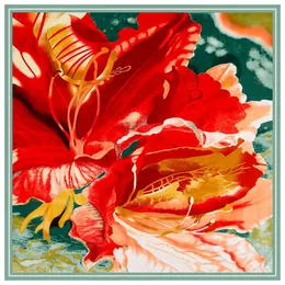 130CMSilk Scarf Women oil painting flowers Print Stoles Square Scarves Wraps Large Bandana Kerchief Hijabs Female Silk Foulards 240325