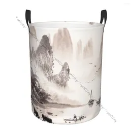 Wäschetaschen Bad Organizer Chinesische Landschaft Aquarellmalerei Klapperner Korbkorb Laundri -Tasche für Kleidung Home Lagerung