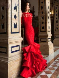 2016 مثير جديد Long Evening Dresses Lace Bateau Neck الأكمام الطويلة مفتوحة ظهر حورية البحر حوريات القطار مستدرج حزب رسمي مسابقة Pageant Go3768548