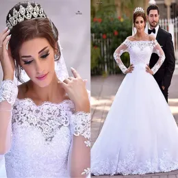 Dresses Arabic Style Princess Wedding Dresses With Long Sleeve Boat Neck Off The Shoulder Bridal Gown Applique vestido de noiva princesa