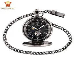 Ouyawei Vine Pocket Watch Black Case Harlow Dial Moon Phase Function Hand Wind Mechanical Fob Watch T2005022828396