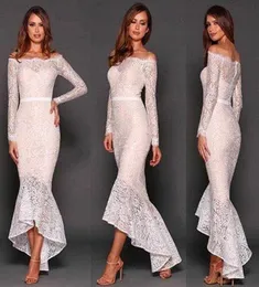 Sexy 2016 Latest White Lace Off Shoulder Tea Length Cocktail Dresses Vintage Long Sleeve High Low Mermaid Party Formal Gowns EN7084976998