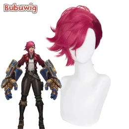 Wigs Bubuwig Synthetic Hair LOL Arcane Vi Cosplay Wig Women 30cm Short Straight Hot Pink Party Wigs Heat Resistant