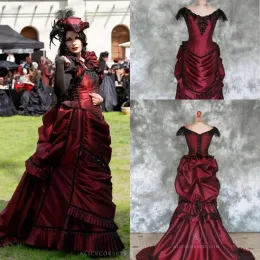 Elbiseler Burgundy Goth Victoria Bustle Gelinlik 2022 Vintage Boncuklu Tehlike Arka Korse Üst Gotik Açık Gelin Gelinlik