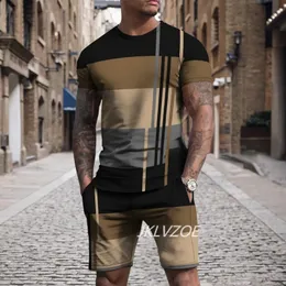 Summer T shirt Set For Men Striped 3D Print Mens Tshirt Short SleeveShorts 2Piece Oversized Casual Beach Sport Man Suit 240403