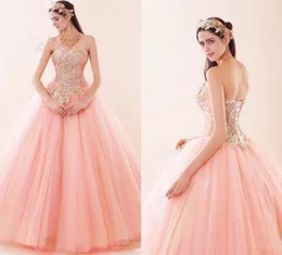 Bellissimo abito da ballo rosa Quinceanera Dresses Sweetheart Appliques perline per tulle arruffato debuttante mascherato Sweet 16 ballo abito da ballo7004617