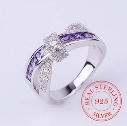 Klaster Pierścienie 925 Sterling Srebrna biżuteria Vintage Purple Crystal Para Wedding dla kobiet mężczyzn moda Anel de Prata Bijoux