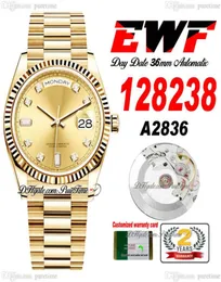 EWF GÜN TARİH 118238 A2836 Otomatik Unisex Watch Mens Ladies 36 Sarı Altın Şampanya Elmas Dial Başkanlık Bilezik Aynı Seri9489786