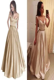 2018 Eleganter Champagner Gold Ballkleid Prom Kleider von Schulterkristall Perlen Schärpe Satin bodenlange dunkle rote rückenfreie Abend D7390341