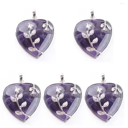 Anhänger Halsketten 5pcs lila natürliche Amethyst Stein Herz Romantische Liebe Blume viel Glück Charme Mode Schmuck TN3181