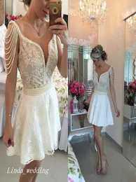 2019 White Cocktail Dress Short Deep Vneck Pearls Prom Party Kleid Heimkehrkleider formelle Event Gown Plus Size Vestidos de Coc6628424