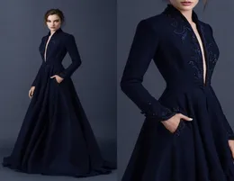 Navy Blue Satin Evening Dresses Embroidery Paolo Sebastian Dresses Custom Made Beaded Formal Party Wear Plunging V Neck Ball Gowns5774059