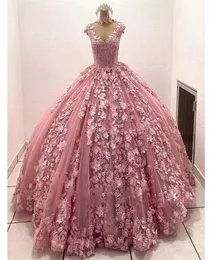 Quinceanera Dresses Pink Ball Gown Cap Sleeve Appliques 3D Flora Evening Prom Party Gowns6832218