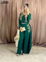 Party Dresses Green Jumpsuit Evening Dress Dubai Moroccan Muslim Kaftan Caftan Elegant V-neck Appliques Gown Vestidos De Gala