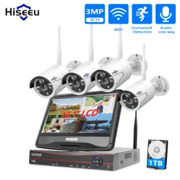 Peças HisEeu 3MP 8CH Câmera sem fio CCTV Kit 10.1 "Monitor LCD 1536p Sistema de câmeras de segurança externa WiFi NVR Kit