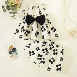 Shorts 2pcs/setsummer Girls Set Children's Clothing Bow and Stender Top Sweet Stampato a due pezzi