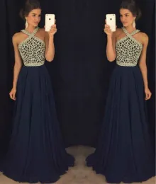 Klänningar Modest Halter Navy Blue Evening Dresses Chiffon Pärled Crystal Arabia Vestidos de Festa Long Party Dress Prom Formal Pageant Celeb