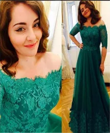 Off the Schulter Aline Tulle Applices Spitze Emerald Grüne Plus -Größe Prom Kleider Maxi Abend Partykleider Halbärmel6274059