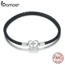 Bangles bamoer Silver Black Cross Bracelet 925 Sterling Silver Basic Leather Chain Bracelets for Women Engagement Jewelry Gift SCB205