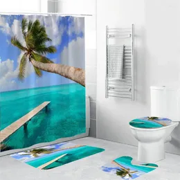 샤워 커튼 비치 팜 트리 욕실 커튼 세트 블루 바다 카펫 폴리 에스테르 직물 워터 프 로프 Decoratin