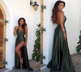 Olive Green Beach New Simple 2019 A Line Prom Dresses Deep Spaghetti vneck عاريا المرونة الساتين اليسار تقسيم Sexy Even8597306