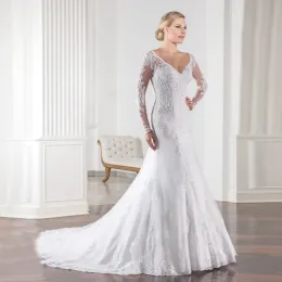 Abiti Vestitido de noiva sereia perle in pizzo maniche lunghe sirene abiti da sposa Appliques Hochzeitskleid Chapel Train Trookjurk