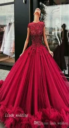 2019 Burgundy Quinceanera Dress Princess Puffy Cap Sleeves Applique Sweet 16 세 롱 걸스 파티 대회 가운 가운 플러스 크기 CUS3277386