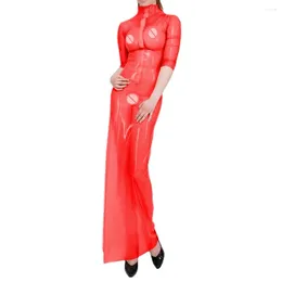 Casual Dresses Sexig Glossy Clear Perspective PVC Front Zipper Short Sleeve Straight Maxi Dress Erotic Barrel Long Party Club Night