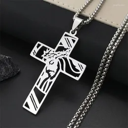 Pendant Necklaces Christ God Cross Jesus Crown Of Thorns Chain Necklace Men Stainless Steel Crucifix Jewelry Colar Masculino N7074S02