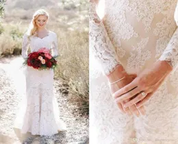 2019 Romantic Lace Sheath Wedding Dress Modest Unique Long Sleeves Country Garden Bride Bridal Gown Custom Made Plus Size9002732